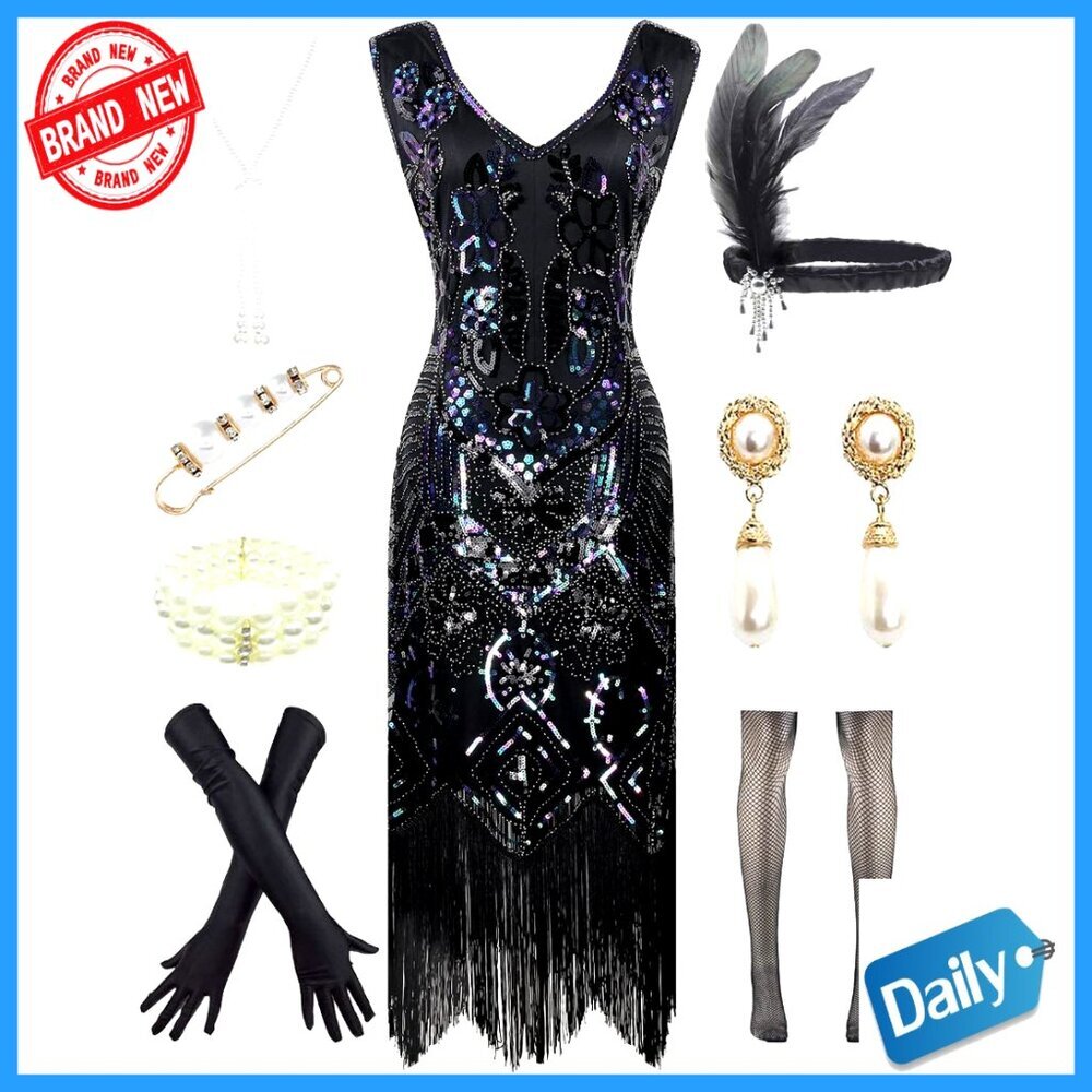 Sequin Flapper Dress with Accessories Set Size S Polyester Costume